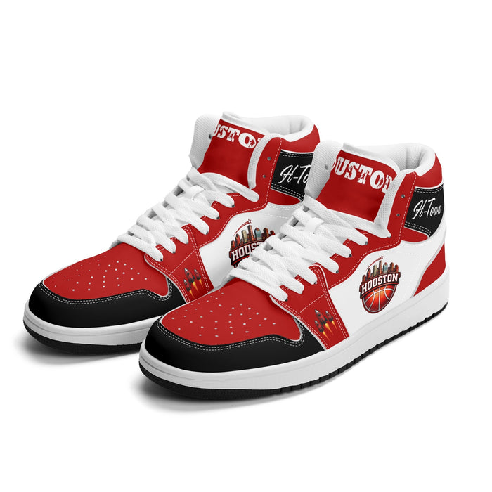Houston basketball Jamrock High top sneakers in white, red and black with H-Town script collar and HOUSTON skyline badge