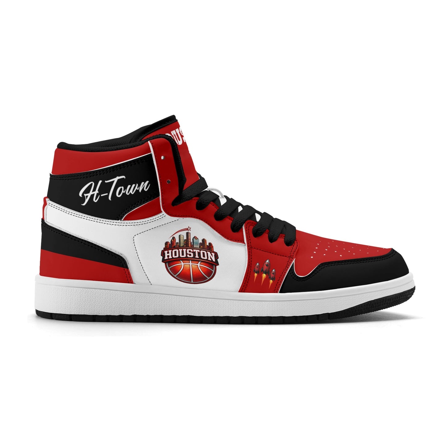 Houston basketball-inspired high top sneakers in white with all-over city graphic printed upper