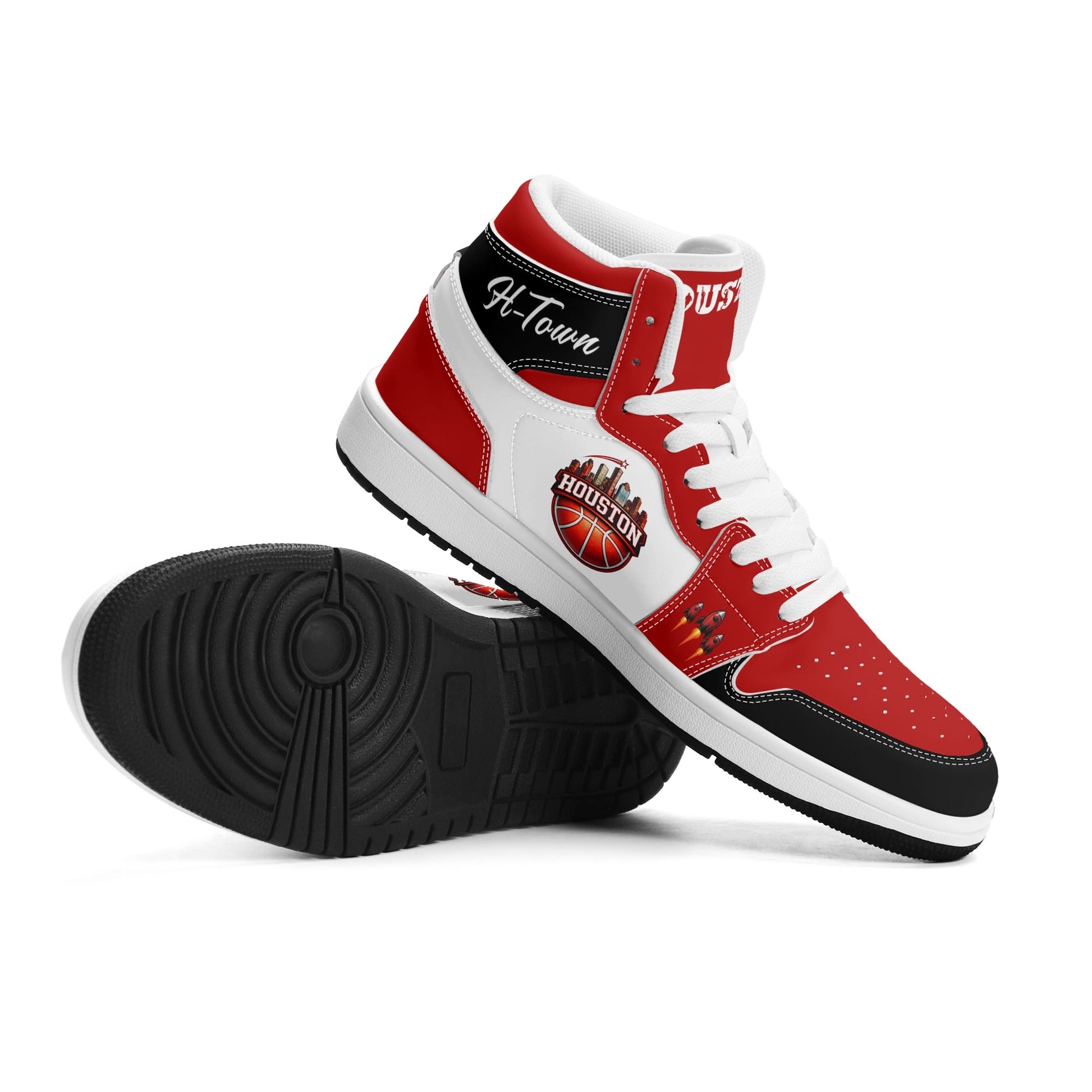 Houston basketball-inspired high top sneakers in white with all-over city graphic printed upper