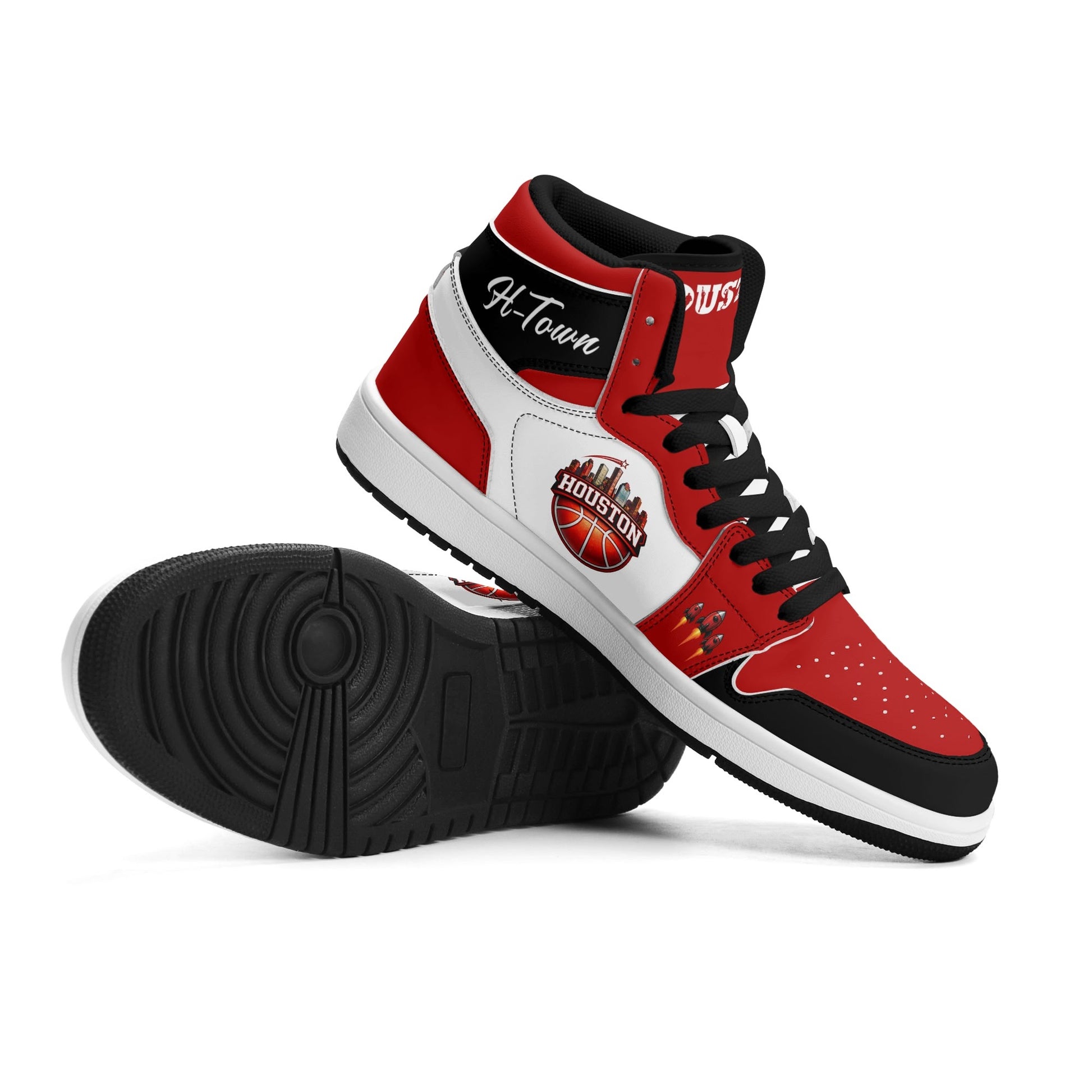 Houston basketball-inspired high top sneakers in white with all-over city graphic printed upper