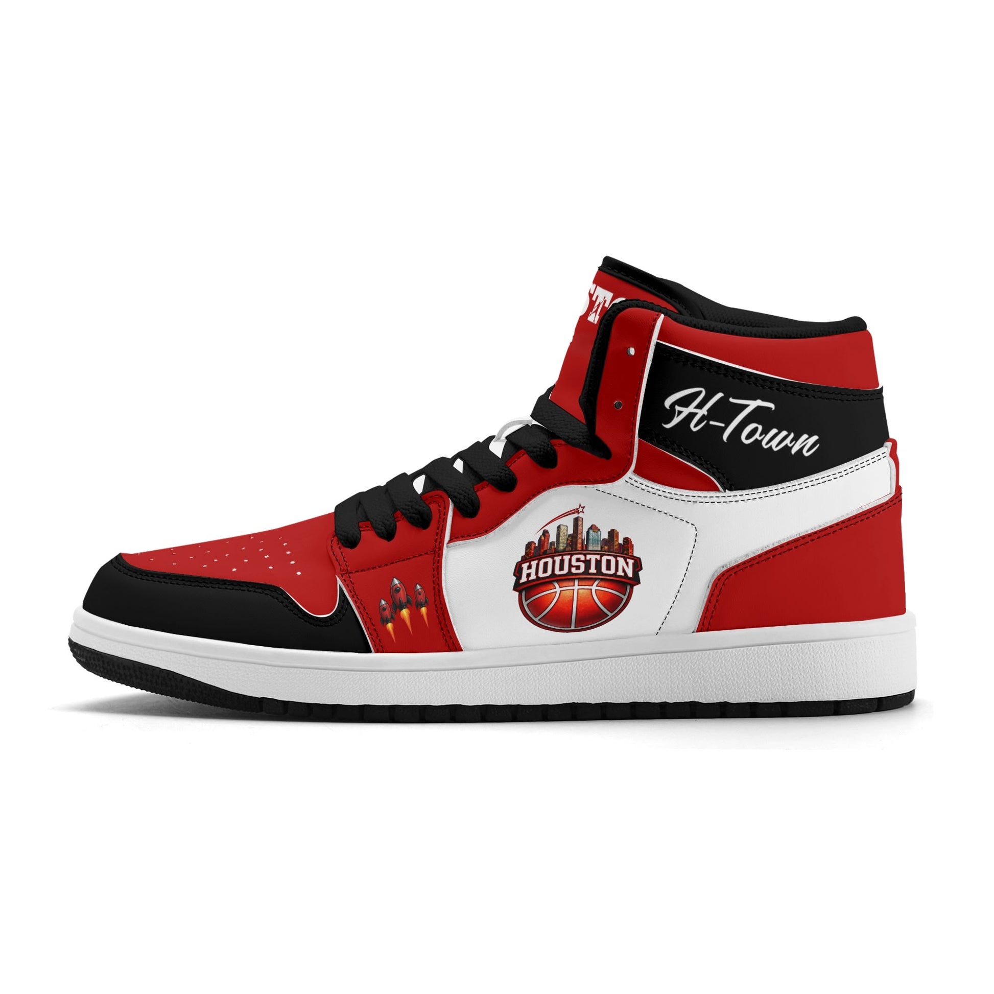 Houston basketball-inspired high top sneakers in white with all-over city graphic printed upper