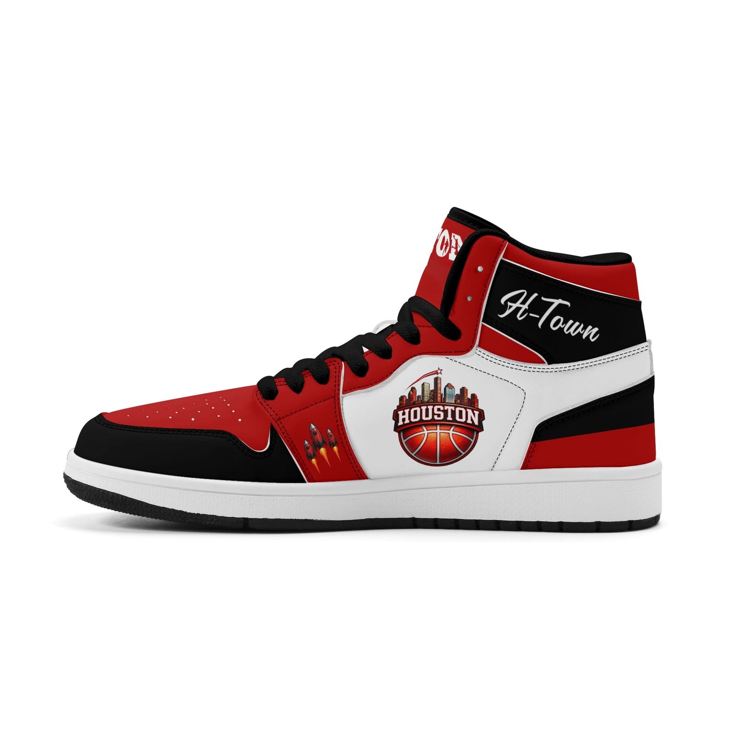 Houston basketball-inspired high top sneakers in white with all-over city graphic printed upper