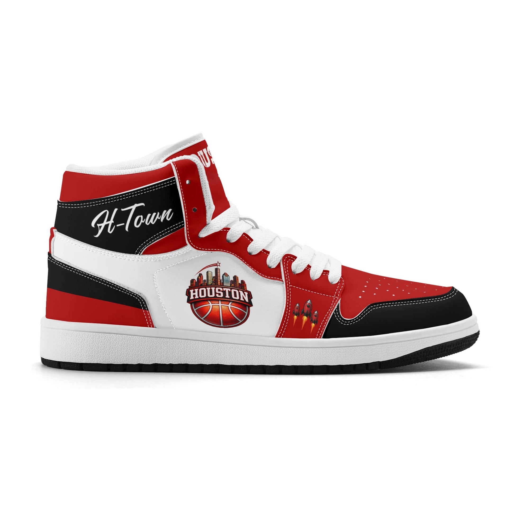 Houston basketball-inspired high top sneakers in white with all-over city graphic printed upper