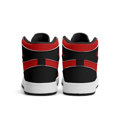 Houston basketball-inspired high top sneakers in red with all-over city graphic printed upper