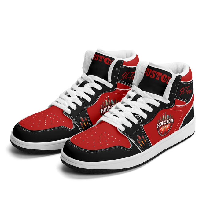 Houston basketball Jamrock High top sneakers in red and black with H-Town script collar and HOUSTON skyline badge