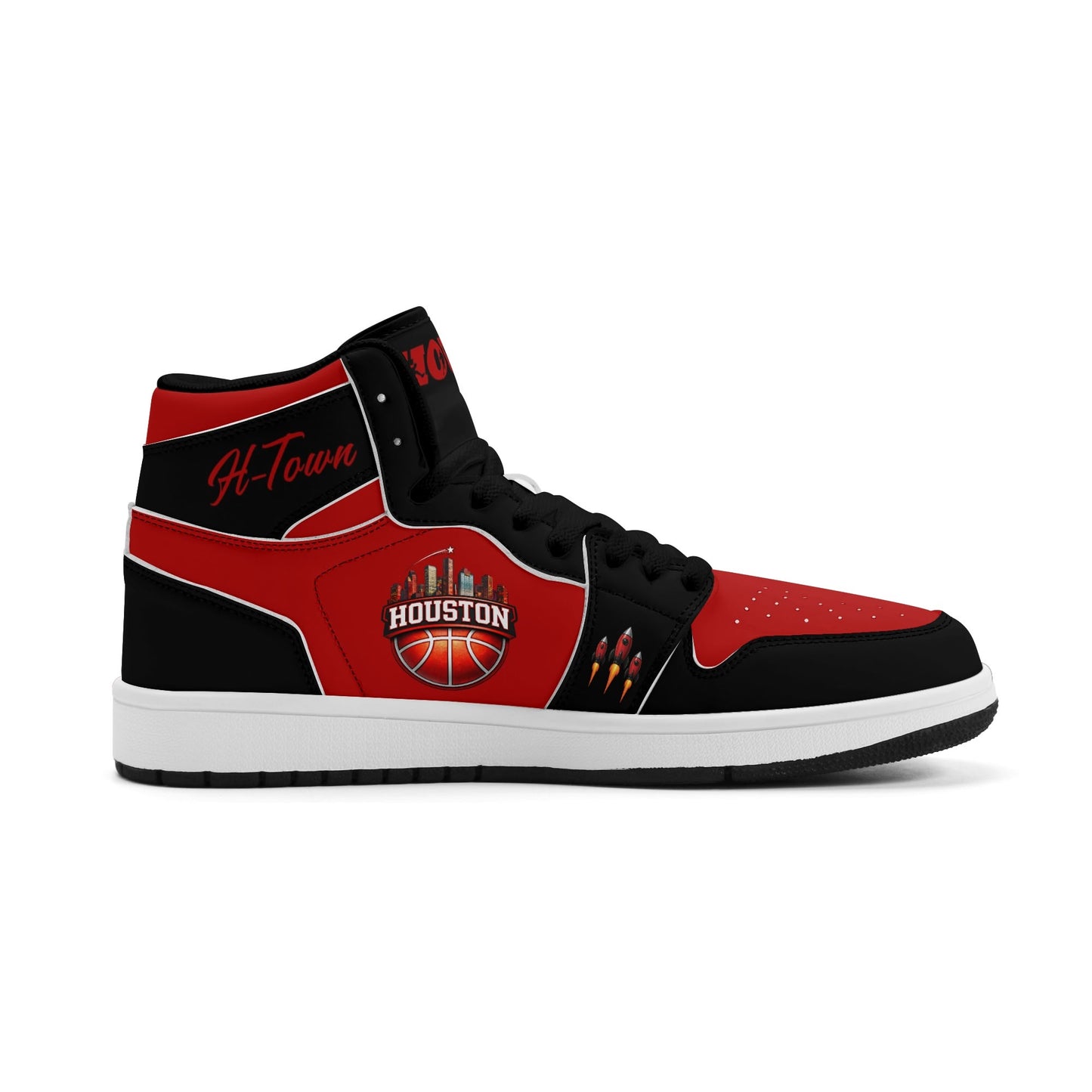 Houston basketball-inspired high top sneakers in red with all-over city graphic printed upper