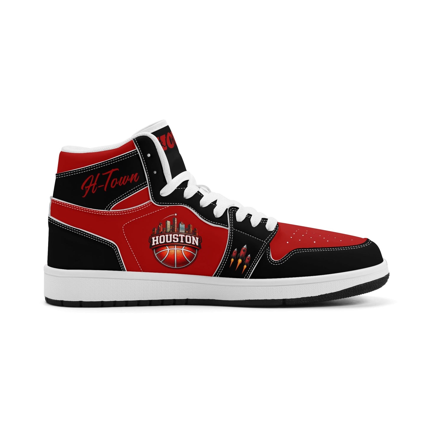 Houston basketball-inspired high top sneakers in red with all-over city graphic printed upper