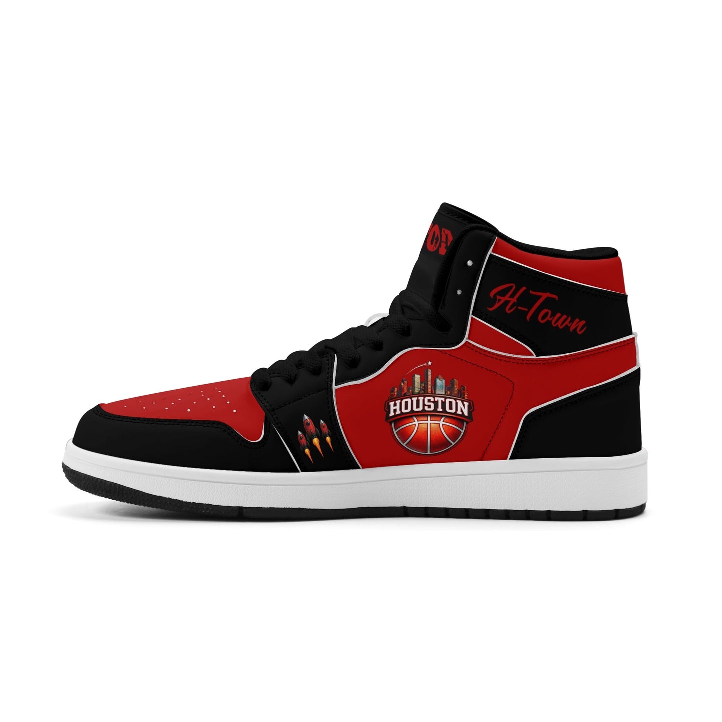 Houston basketball-inspired high top sneakers in red with all-over city graphic printed upper