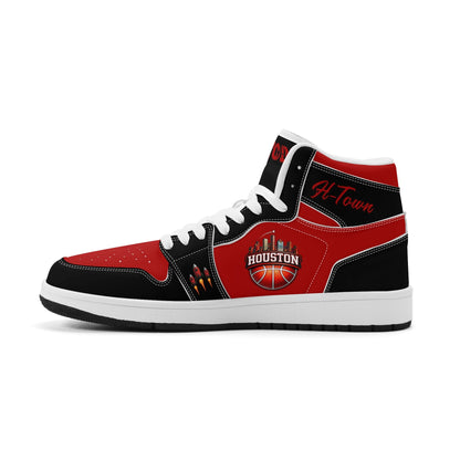 Houston basketball-inspired high top sneakers in red with all-over city graphic printed upper