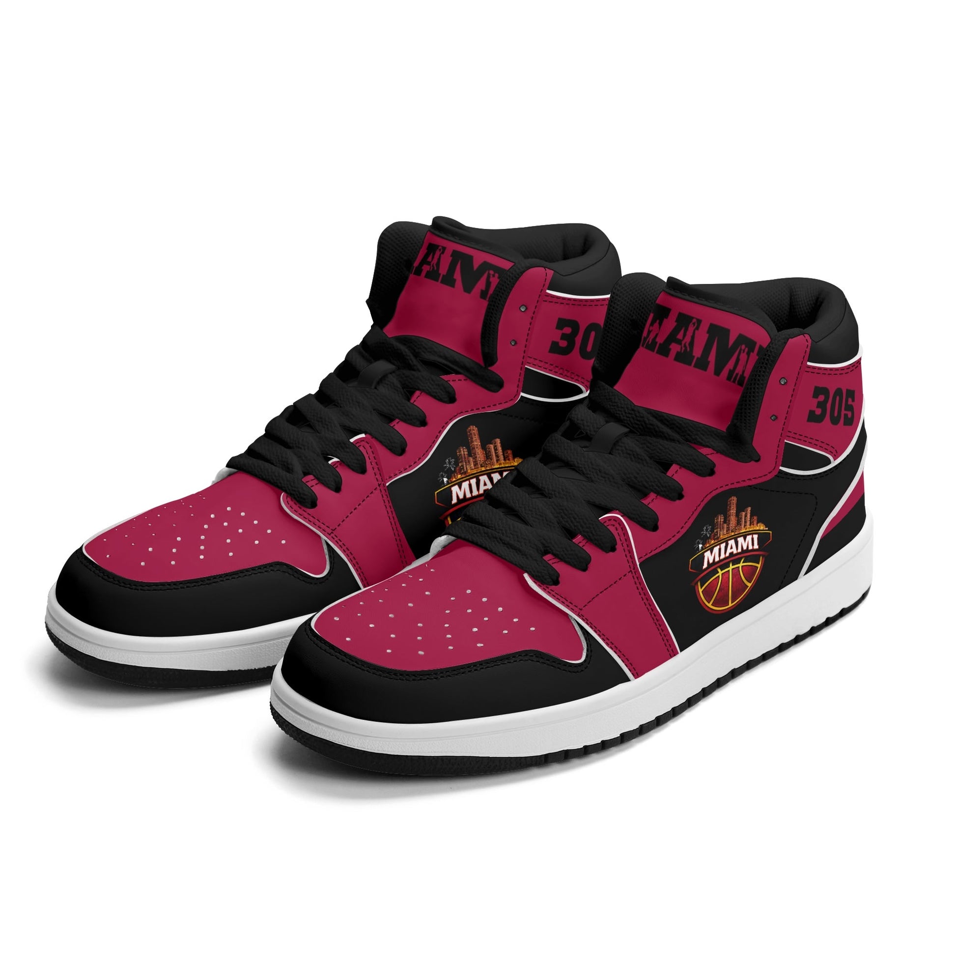 Miami basketball-inspired high top sneakers in red with all-over city graphic printed upper