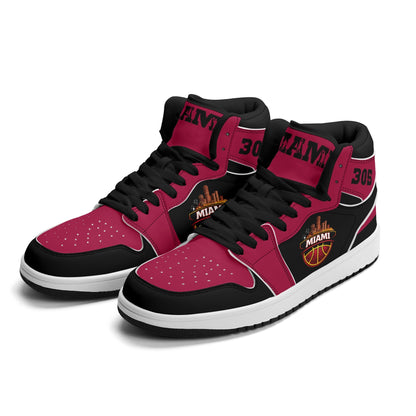 Miami basketball-inspired high top sneakers in red with all-over city graphic printed upper