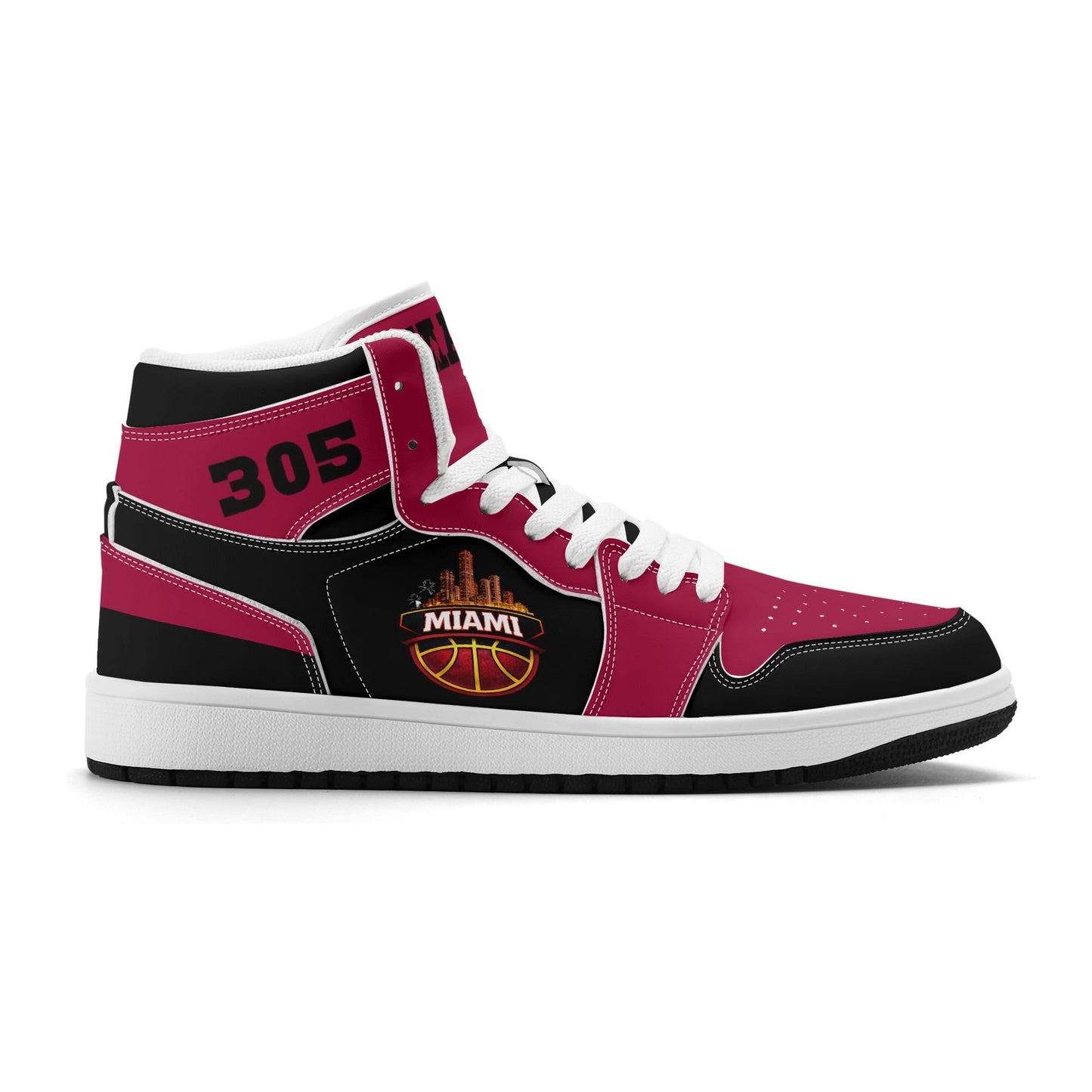 Miami basketball-inspired high top sneakers in red with all-over city graphic printed upper