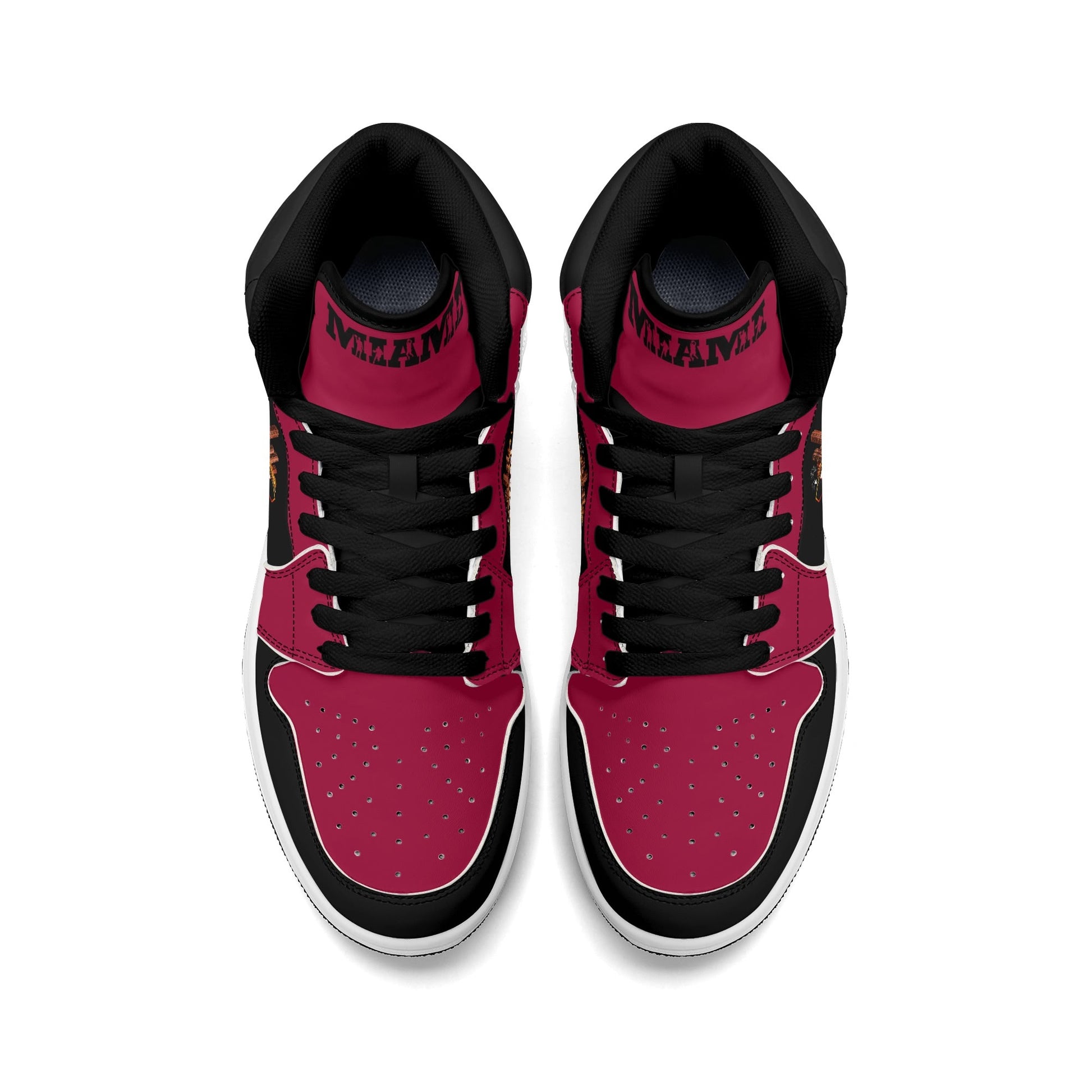Miami basketball-inspired high top sneakers in red with all-over city graphic printed upper