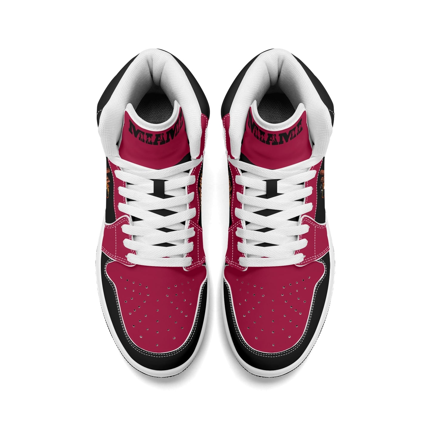 Miami basketball-inspired high top sneakers in red with all-over city graphic printed upper