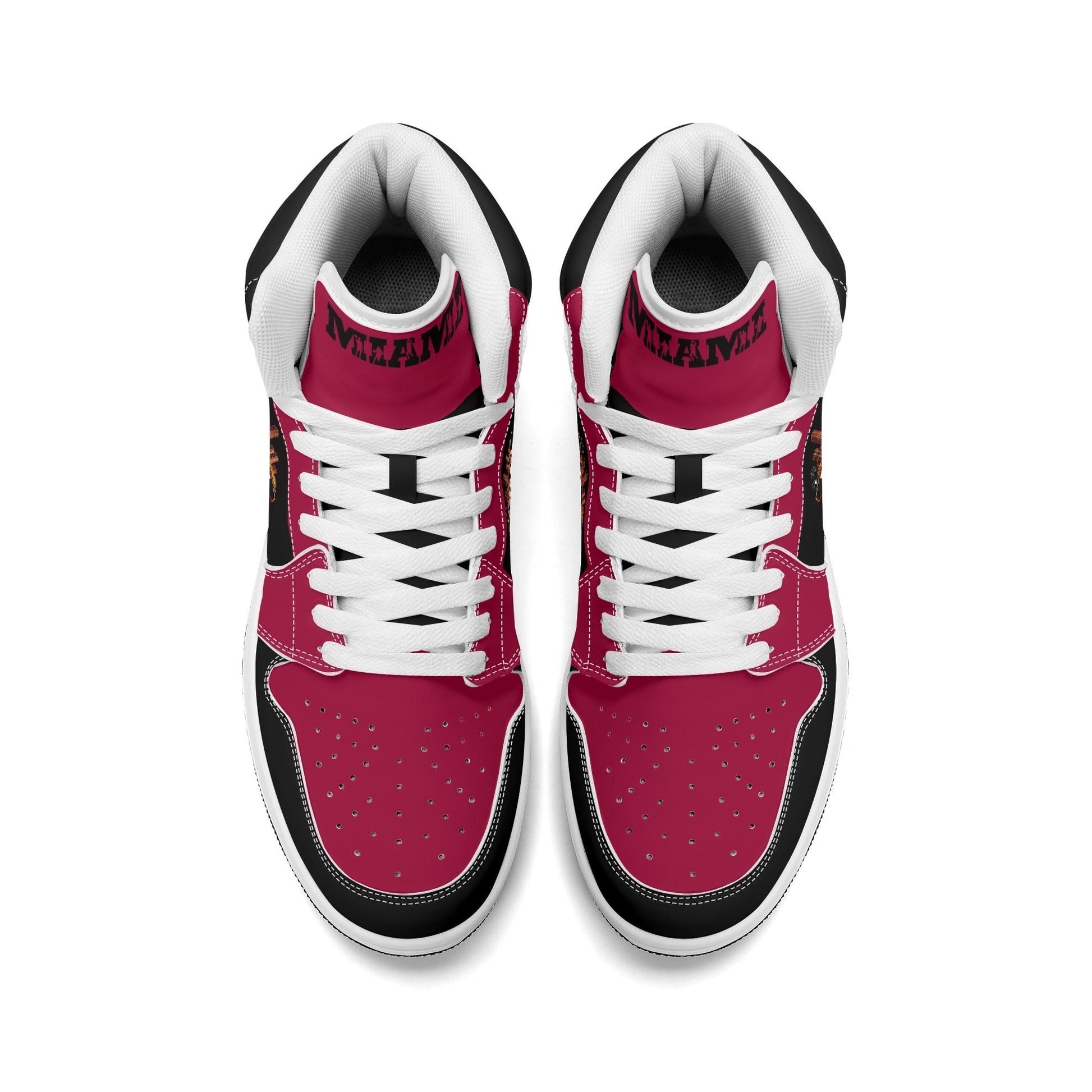 Miami basketball-inspired high top sneakers in red with all-over city graphic printed upper
