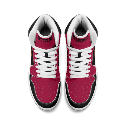 Miami basketball-inspired high top sneakers in red with all-over city graphic printed upper