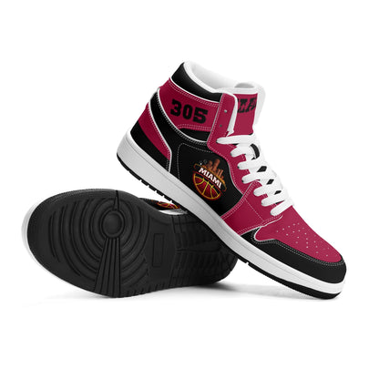 Miami basketball-inspired high top sneakers in red with all-over city graphic printed upper