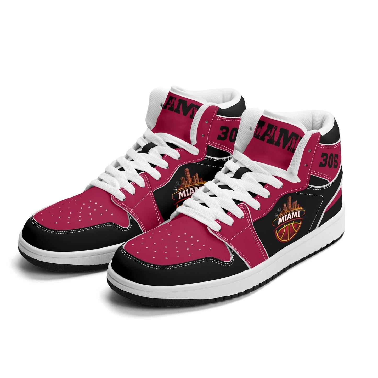 Miami basketball-inspired high top sneakers in red with all-over city graphic printed upper