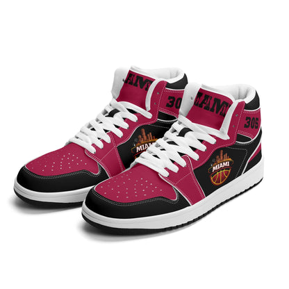 Miami basketball-inspired high top sneakers in red with all-over city graphic printed upper