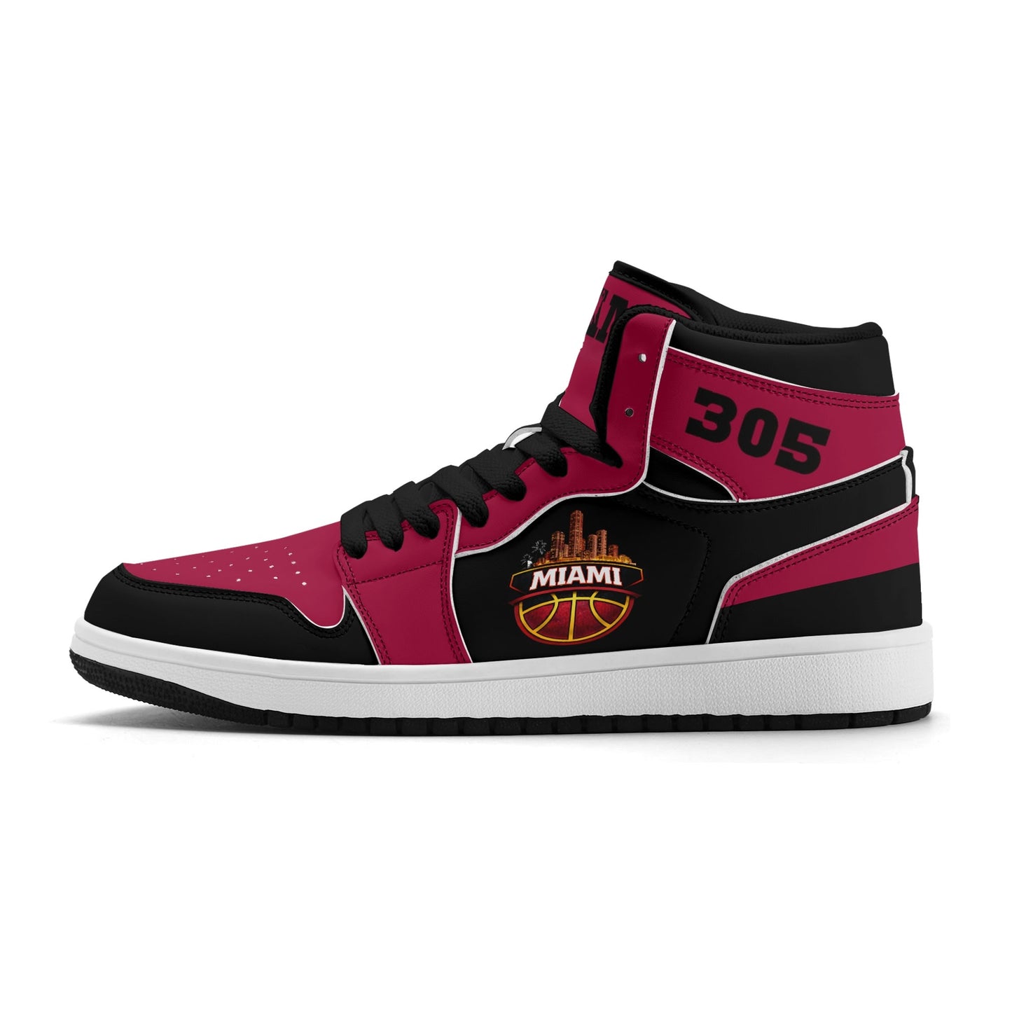 Miami basketball-inspired high top sneakers in red with all-over city graphic printed upper