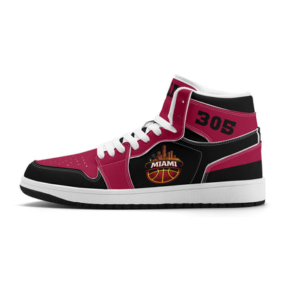 Miami basketball-inspired high top sneakers in red with all-over city graphic printed upper