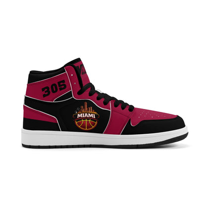 Miami basketball-inspired high top sneakers in red with all-over city graphic printed upper