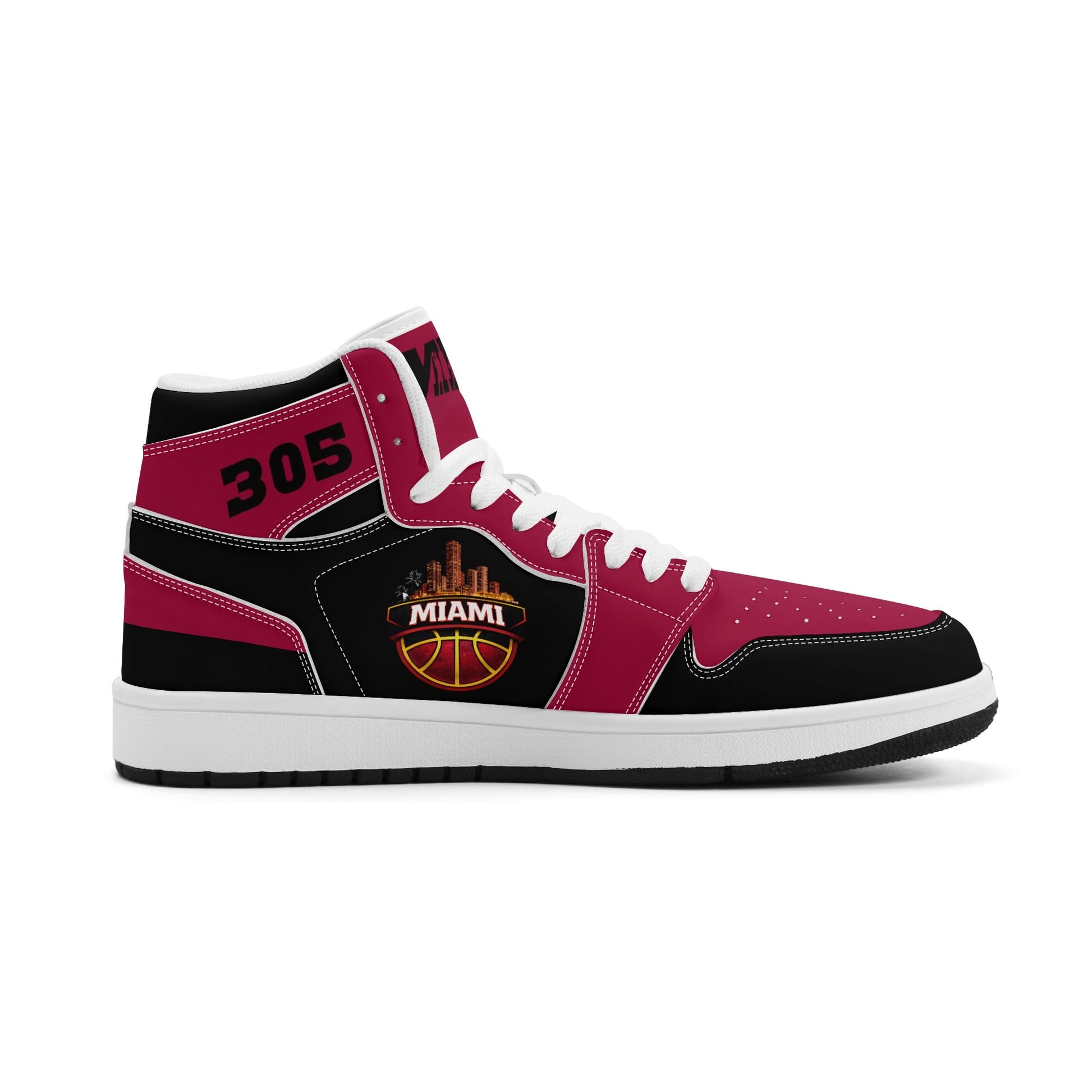 Miami basketball-inspired high top sneakers in red with all-over city graphic printed upper