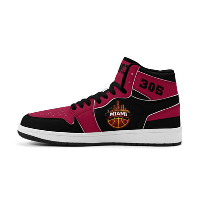Miami basketball-inspired high top sneakers in red with all-over city graphic printed upper