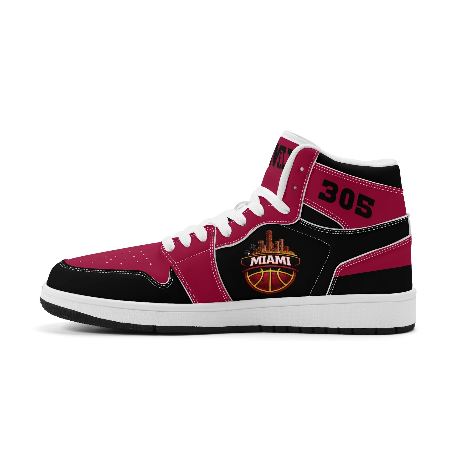 Miami basketball-inspired high top sneakers in red with all-over city graphic printed upper
