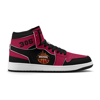 Miami basketball-inspired high top sneakers in red with all-over city graphic printed upper