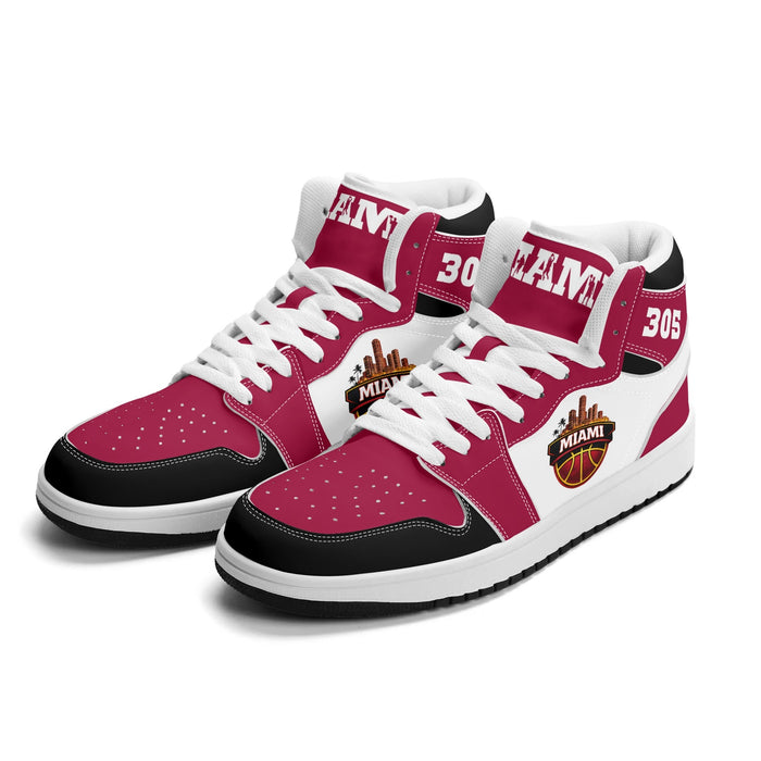 Miami basketball Jamrock High top sneakers in magenta, black and white with 305 quarter and MIAMI skyline badge