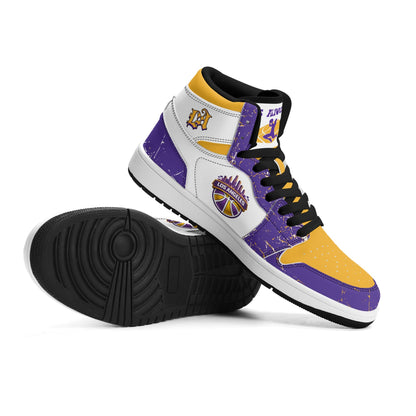 Los Angeles basketball-inspired high top sneakers with all-over city graphic printed upper