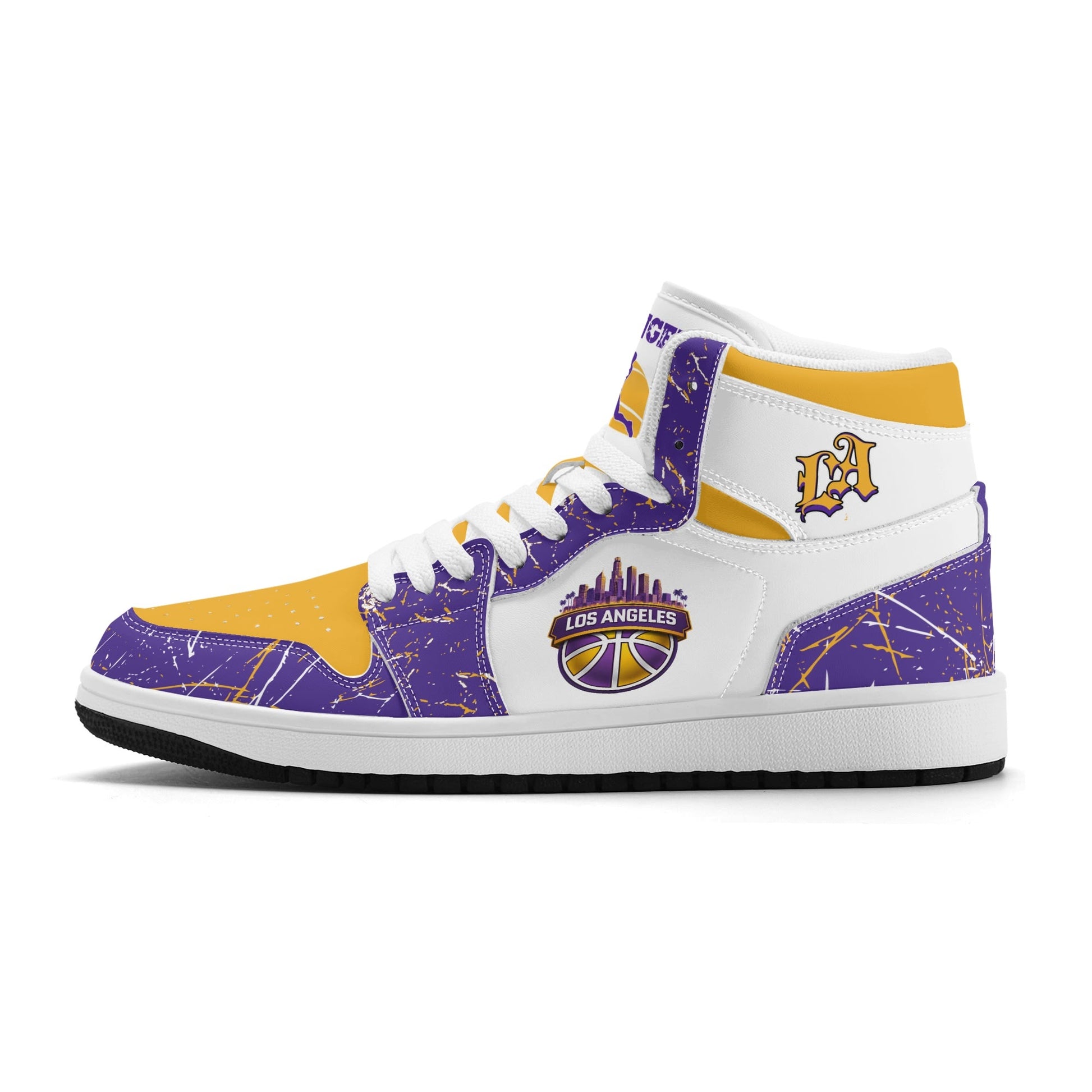 Los Angeles basketball-inspired high top sneakers with all-over city graphic printed upper