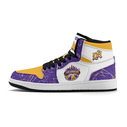Los Angeles basketball-inspired high top sneakers with all-over city graphic printed upper