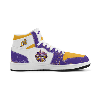 Los Angeles basketball-inspired high top sneakers with all-over city graphic printed upper