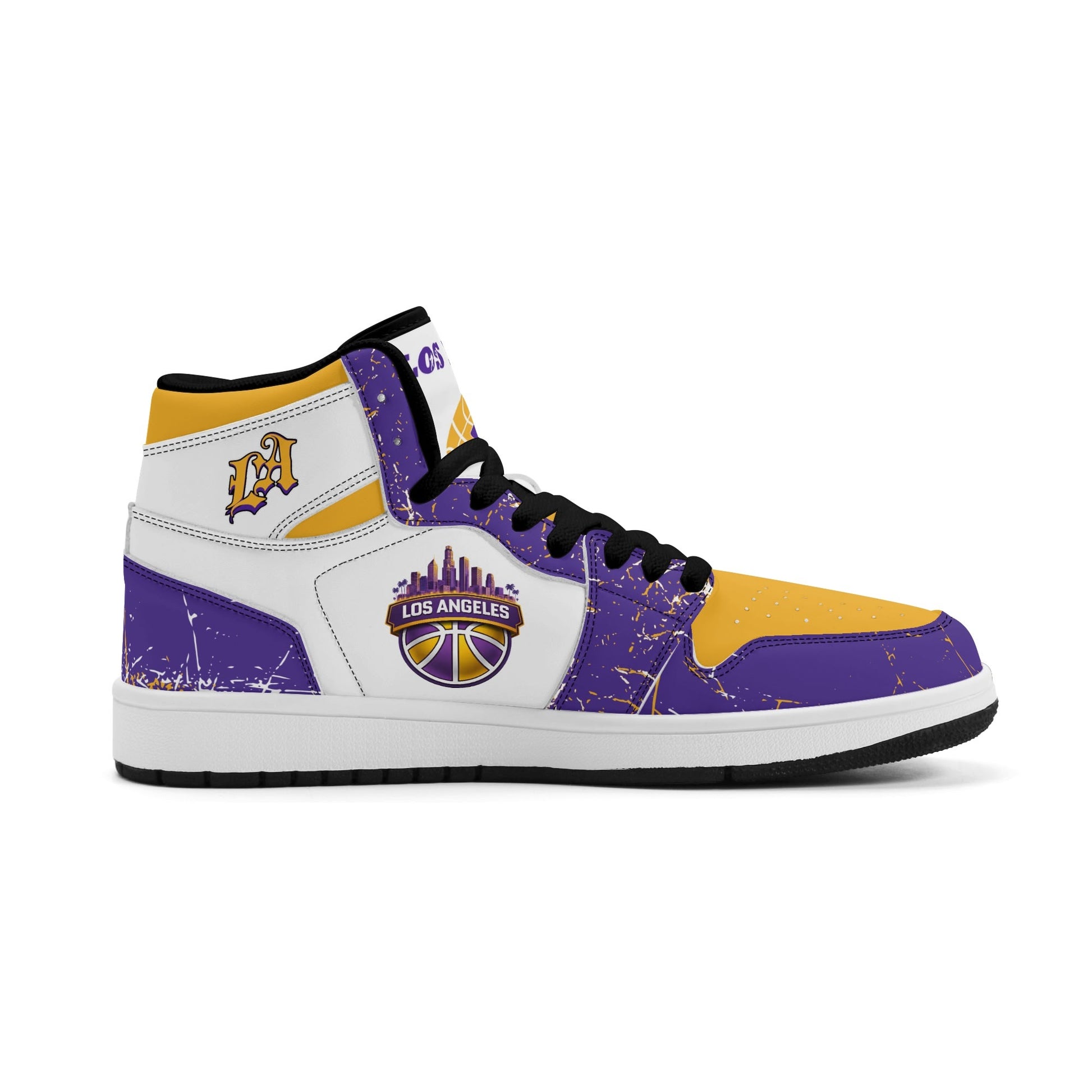 Los Angeles basketball-inspired high top sneakers with all-over city graphic printed upper