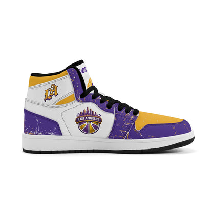Los Angeles basketball-inspired high top sneakers with all-over city graphic printed upper