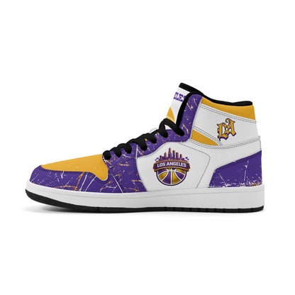 Los Angeles basketball-inspired high top sneakers with all-over city graphic printed upper