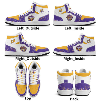 Los Angeles basketball-inspired high top sneakers with all-over city graphic printed upper