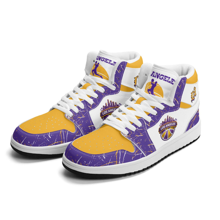 Los Angeles basketball Jamrock High top sneakers in purple and gold with splatter detail, LA monogram collar and LOS ANGELES badge