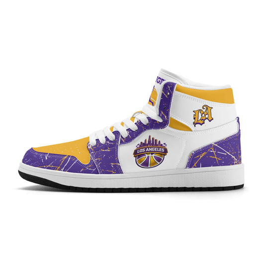 Los Angeles basketball-inspired high top sneakers with all-over city graphic printed upper