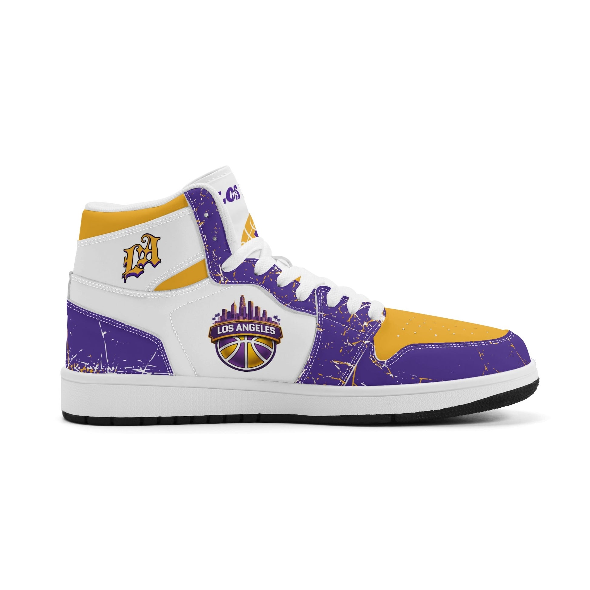 Los Angeles basketball-inspired high top sneakers with all-over city graphic printed upper