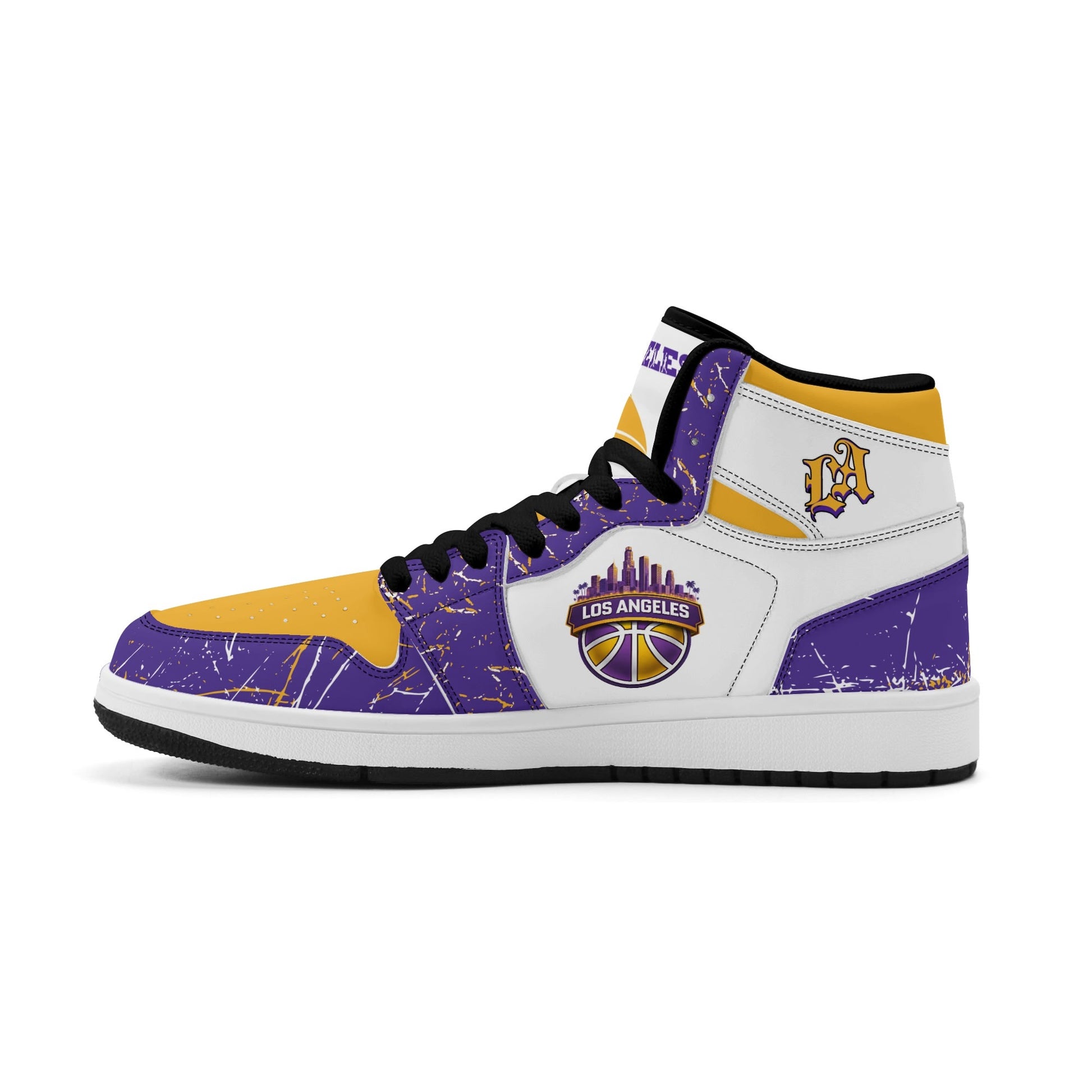 Los Angeles basketball-inspired high top sneakers with all-over city graphic printed upper