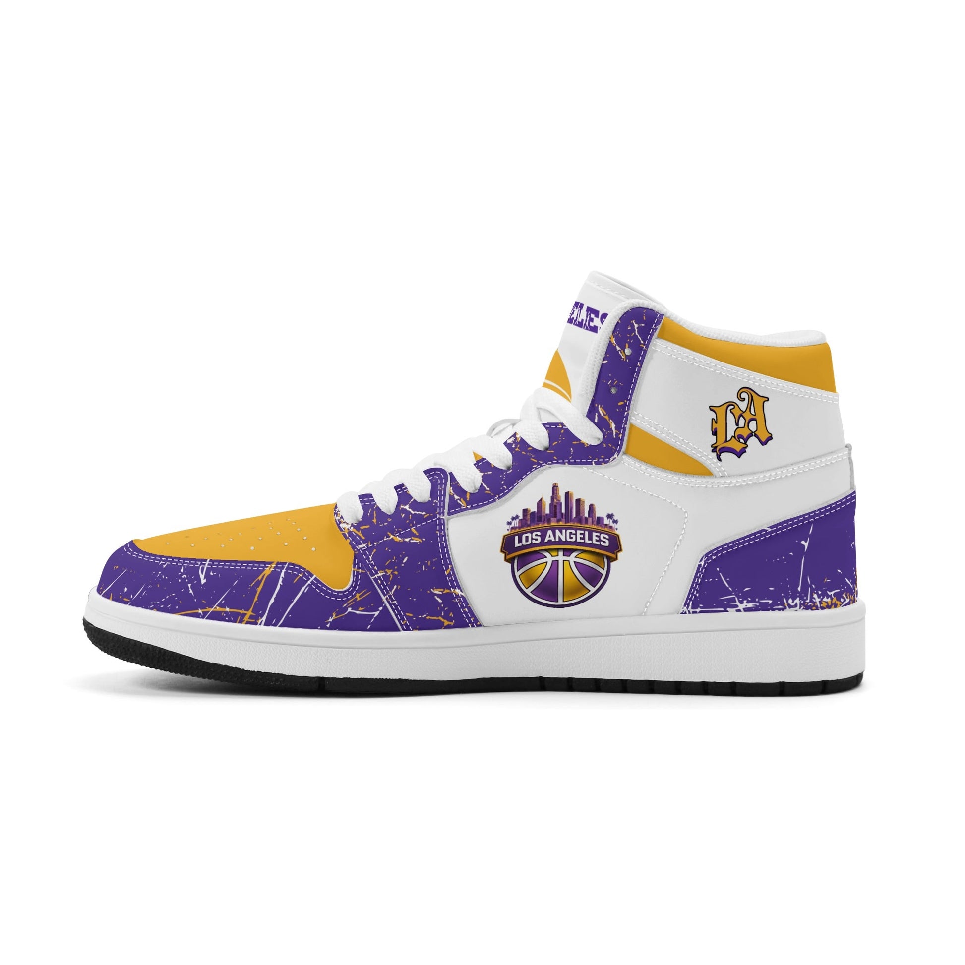 Los Angeles basketball-inspired high top sneakers with all-over city graphic printed upper