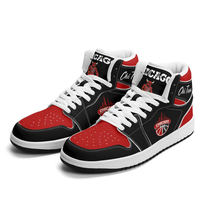 Chicago basketball-inspired high top sneakers in black with all-over city graphic printed upper