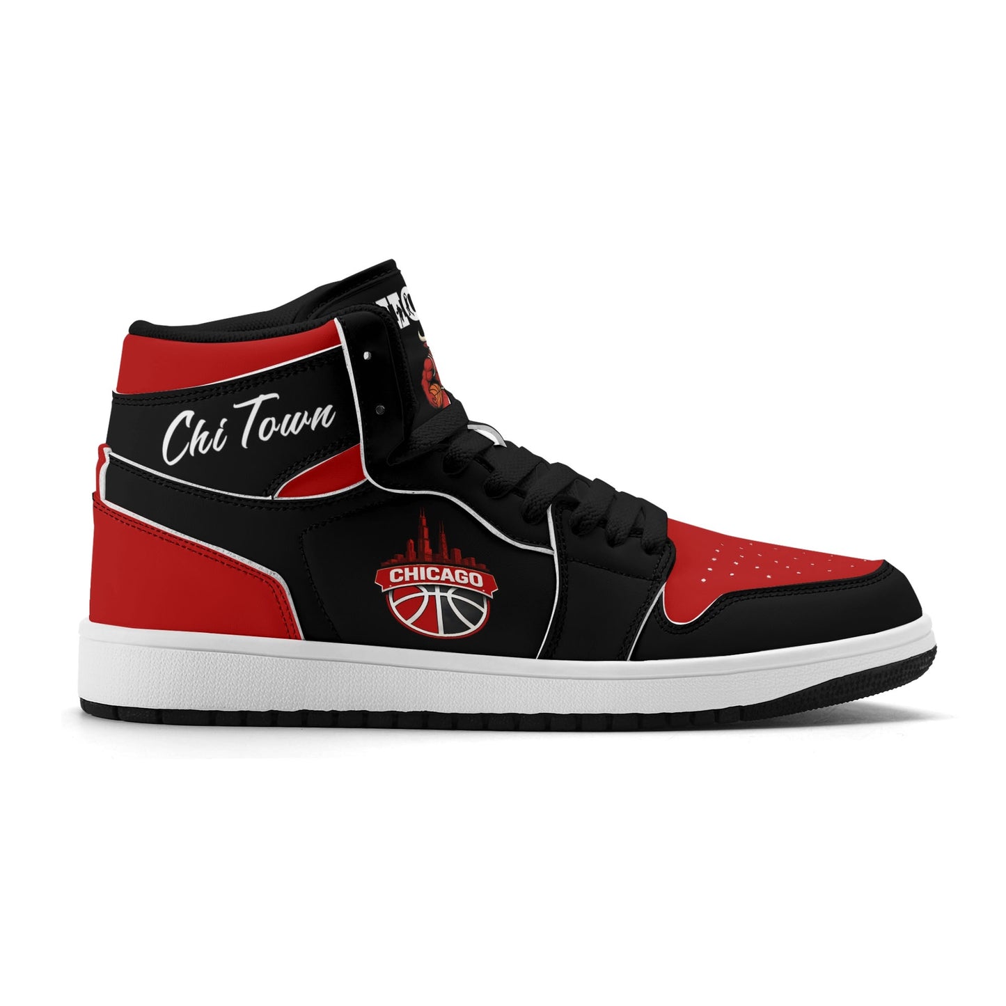 Chicago basketball-inspired high top sneakers in black with all-over city graphic printed upper