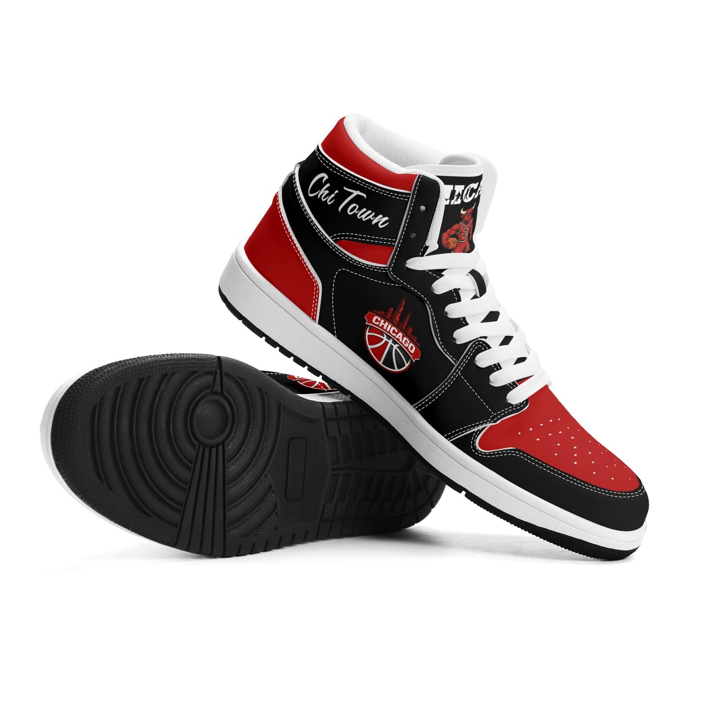 Chicago basketball-inspired high top sneakers in black with all-over city graphic printed upper