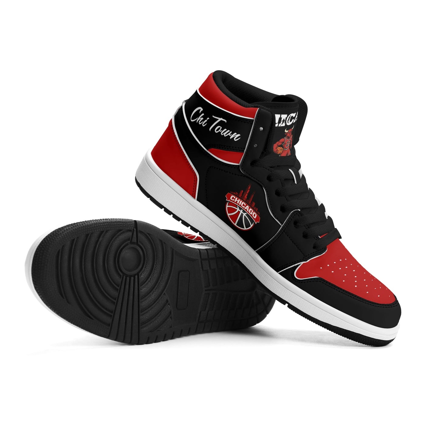 Chicago basketball-inspired high top sneakers in black with all-over city graphic printed upper