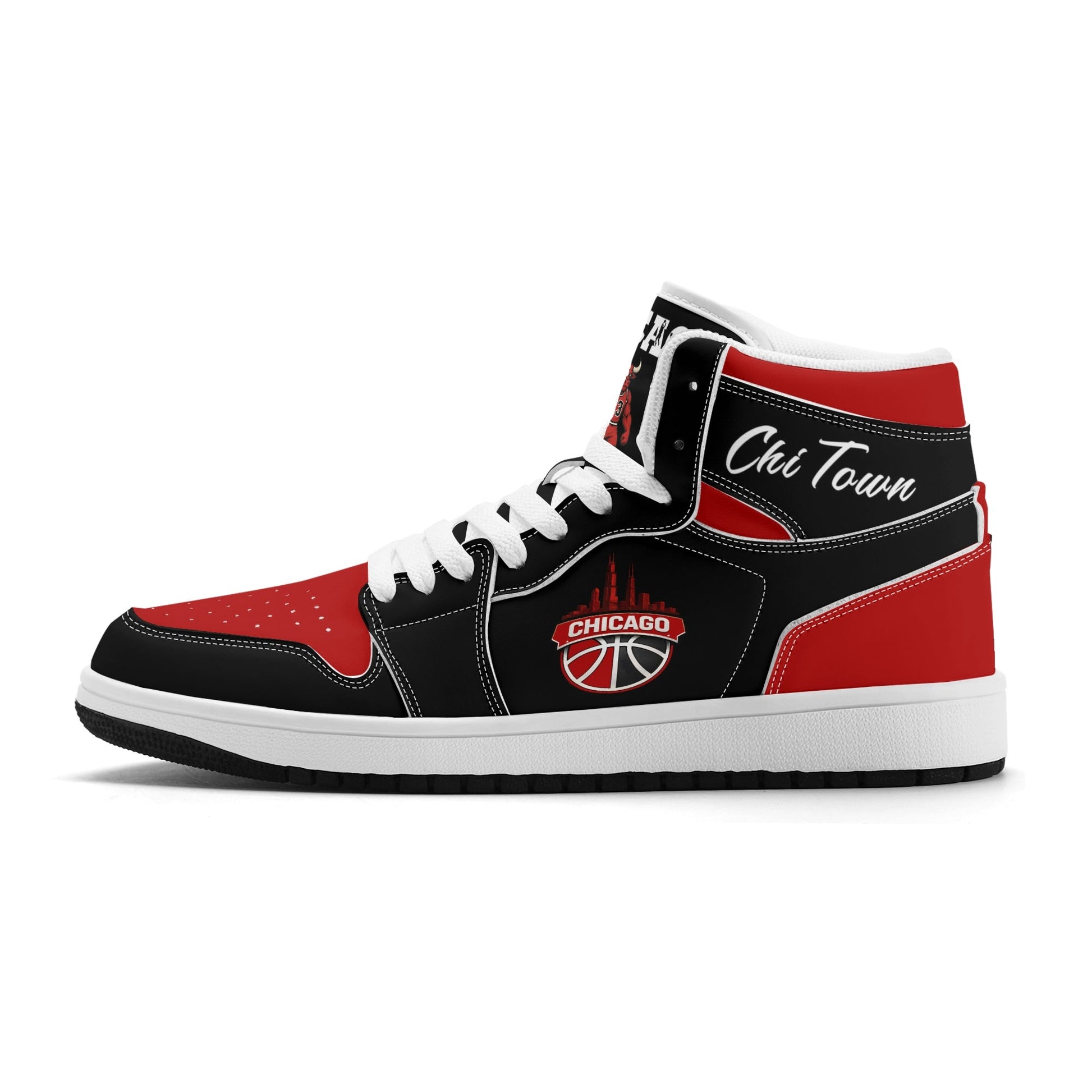 Chicago basketball-inspired high top sneakers in black with all-over city graphic printed upper
