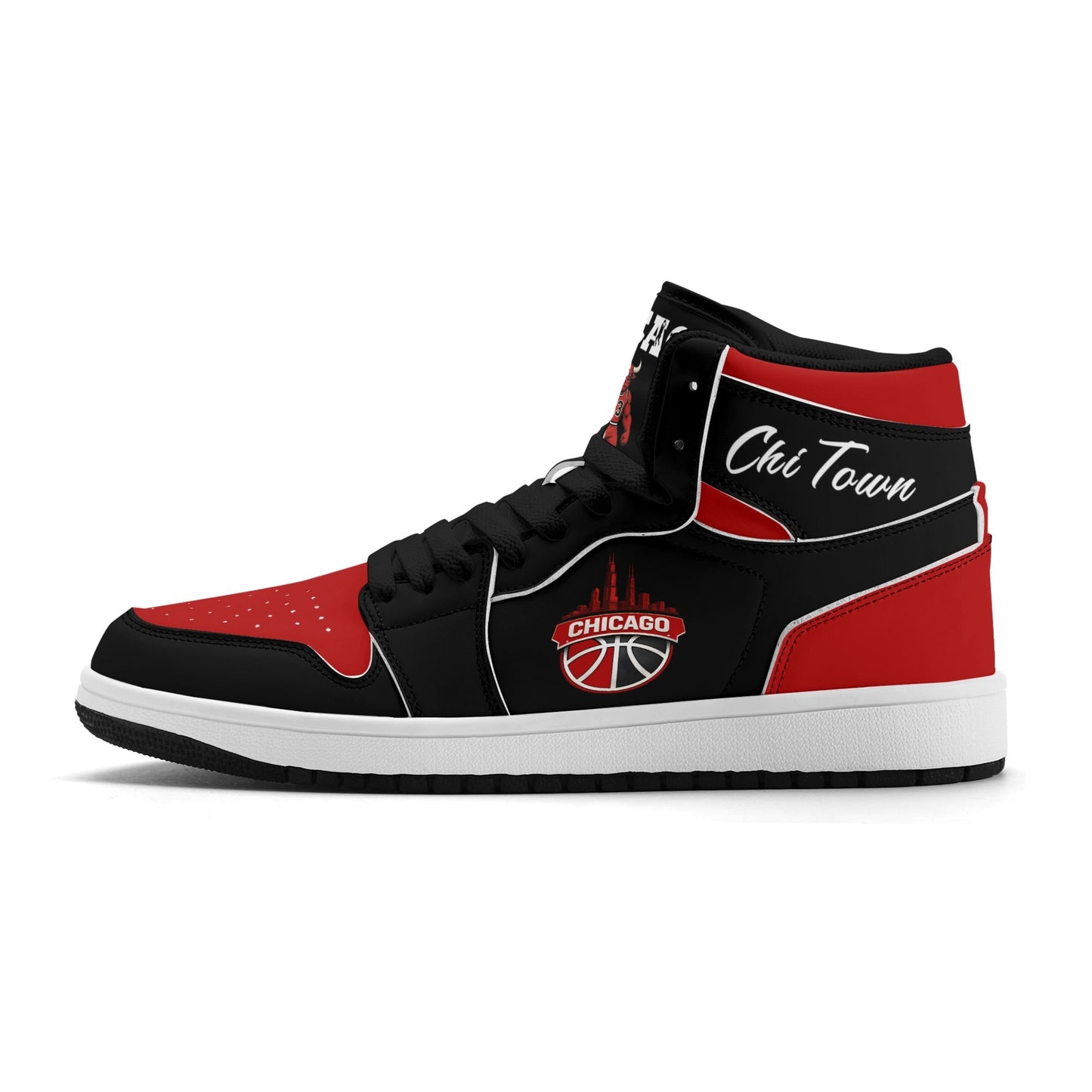 Chicago basketball-inspired high top sneakers in black with all-over city graphic printed upper